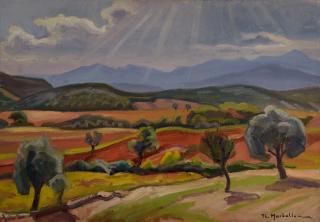 Attic Landscape with Sun Rays — Oil painting, Canvas, 46.00×65.00cm — Theodoros Markellos